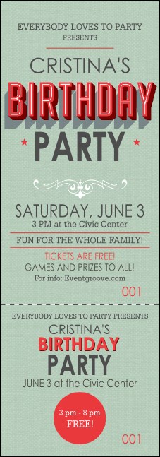 Birthday Party Green Event Ticket Product Front